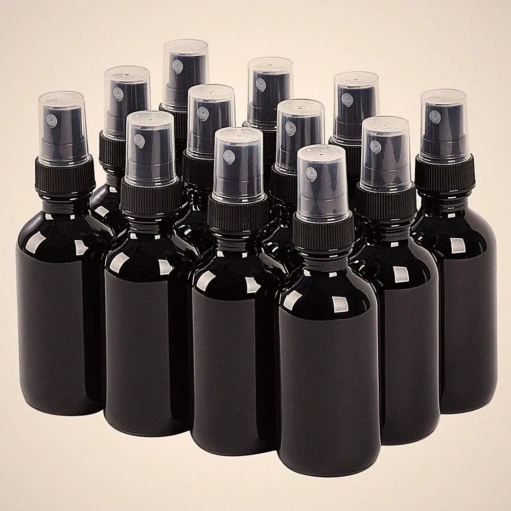 2 oz Glass Fine Mist Spray Bottles Reusable LeakProof Travel, 12Pack Black