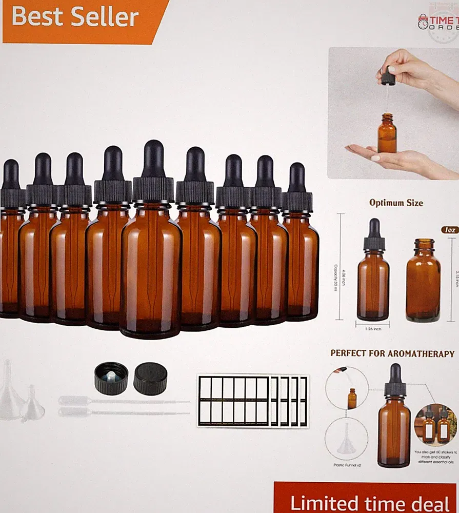30ml Amber Glass Dropper Bottles 48 Pack for Essential Oils Lab Perfumes