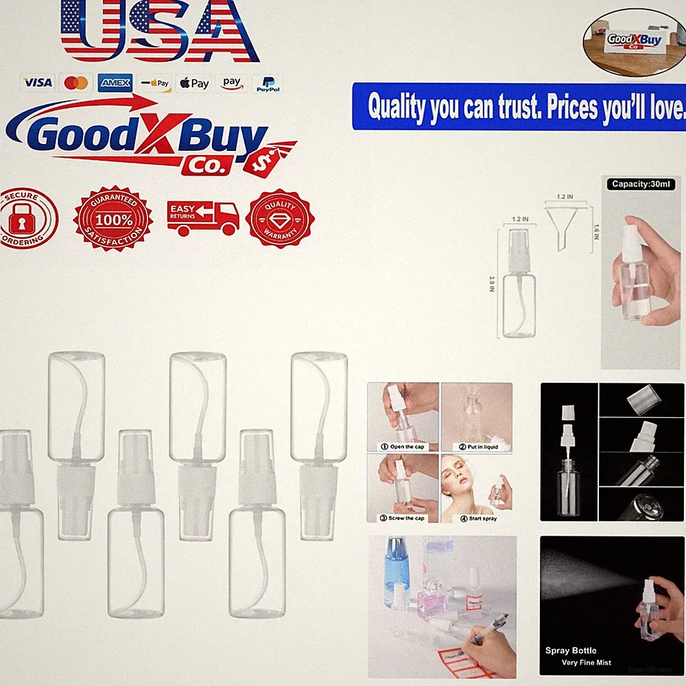 6 Pack Travel Spray Bottles 30ml Plastic Fine Mist Refillable BPA Free Clear...