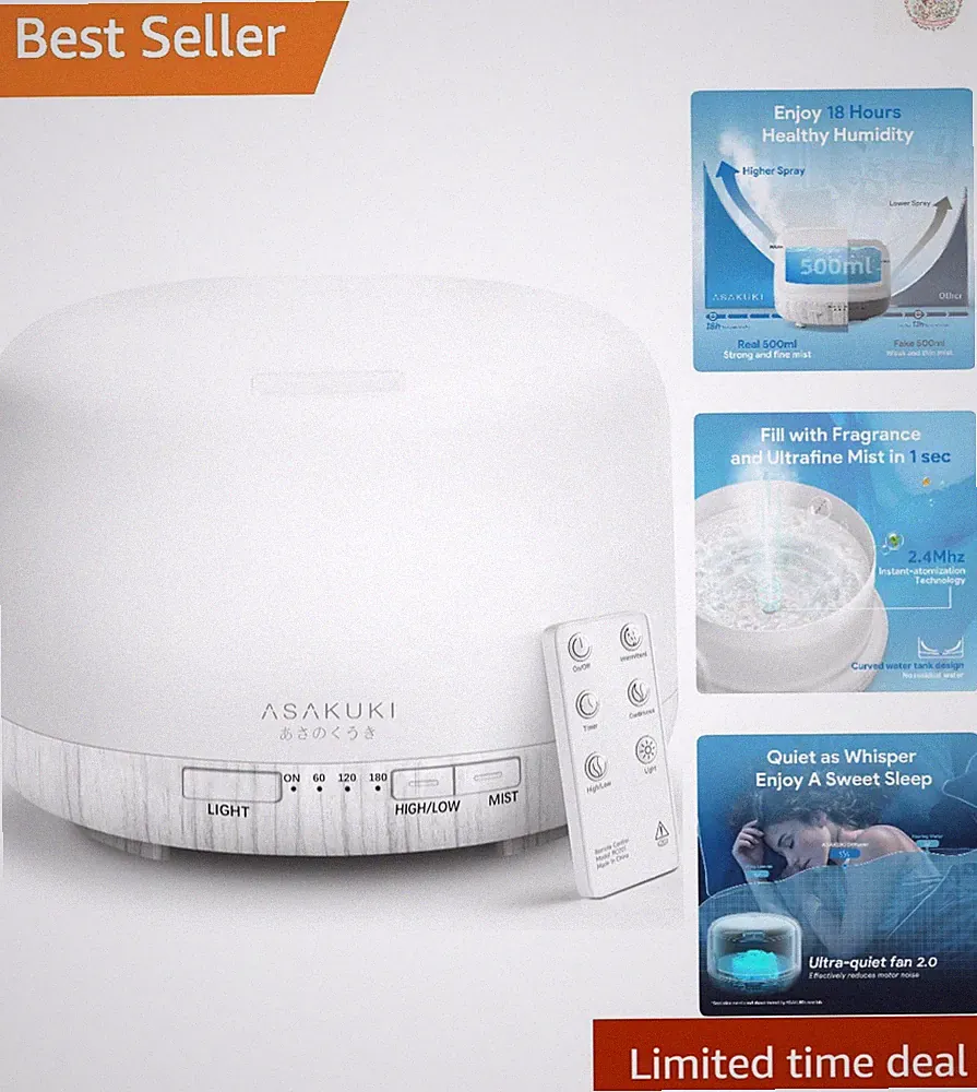 BPA-Free Essential Oil Diffuser: 18-Hour Runtime, Remote Control, White Design