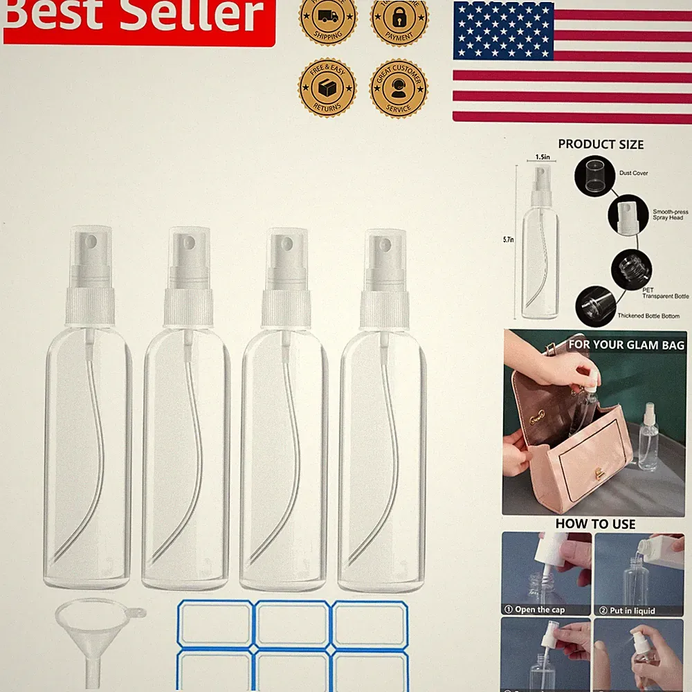 Clear Travel Bottles 4 Pack 100ml 3.4oz Refillable Fine Mist Spray Containers
