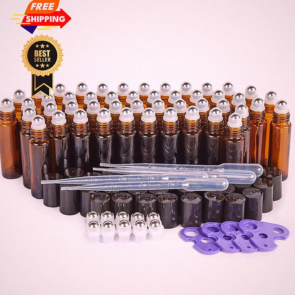 Hoa Kinh Roller Bottles for Essential Oils 10ml 48Pack Empty 48Pack, Amber